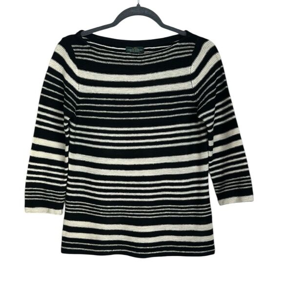 LRL Lauren Jeans Co. Black White Stripe Sweater Linen Blend 3/4 Sleeves Size S - Picture 1 of 9